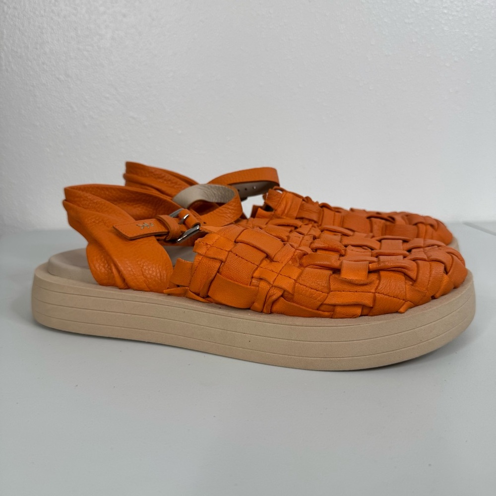 Henry Beguelin Orange‎ Leather Cross Hatch Ankle Strap Platform Sandals Size 40 - Picture 2 of 8
